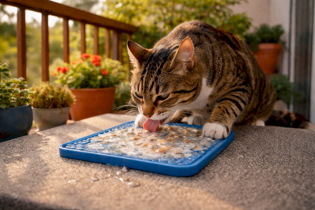 Tabby cat licking frozen lick mat