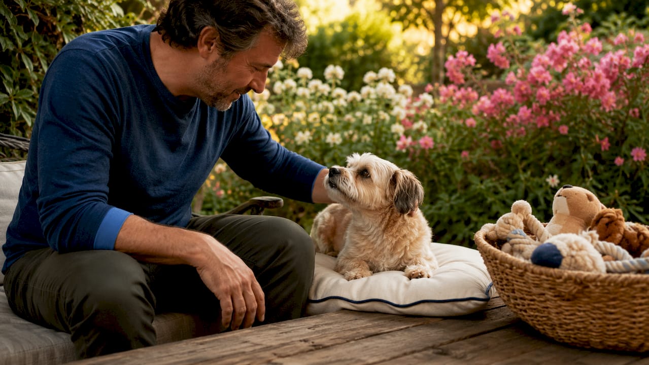 Pet owner comforting nervous dog in home setting