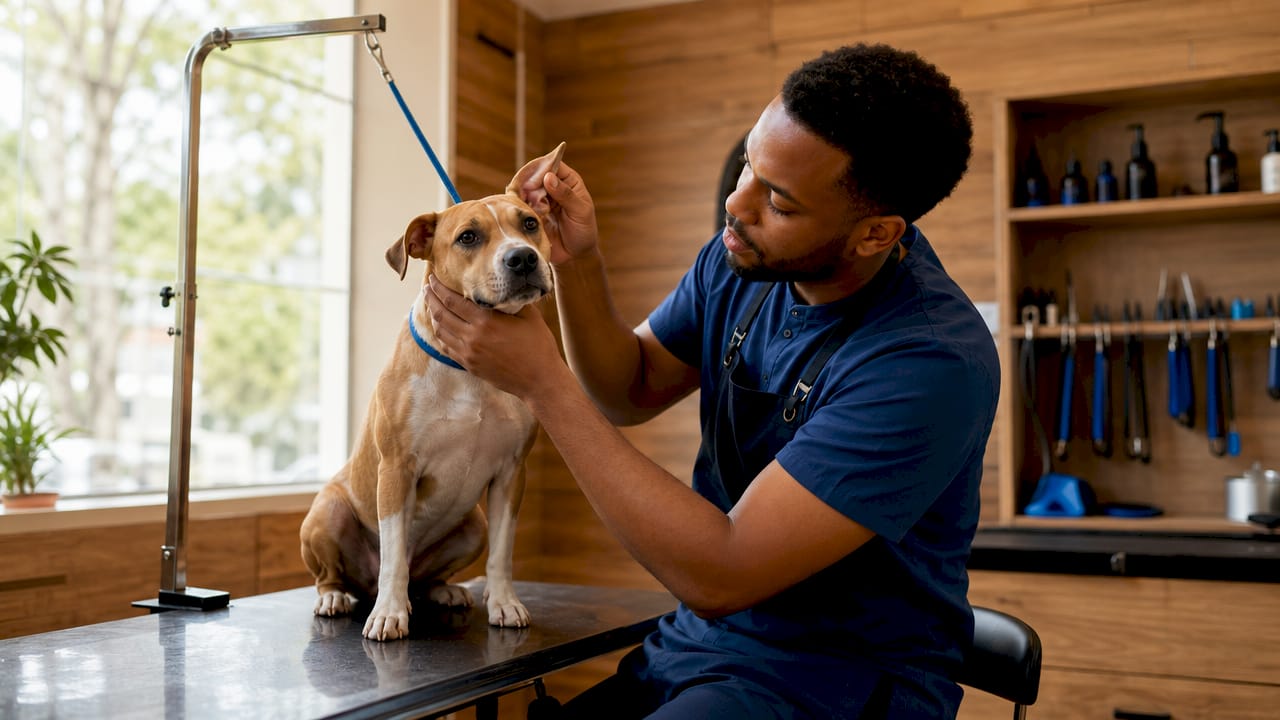 Groomer inspecting dog's ear in grooming salon