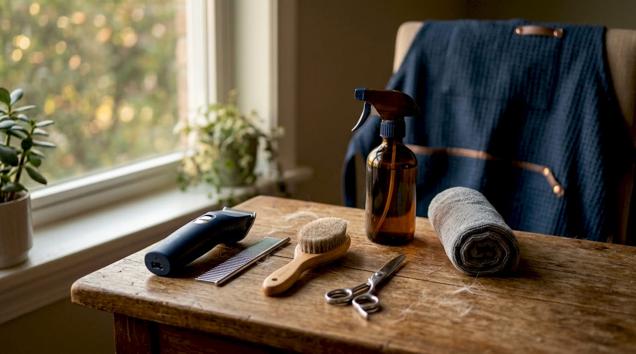 Close-up of cat grooming tools on counter