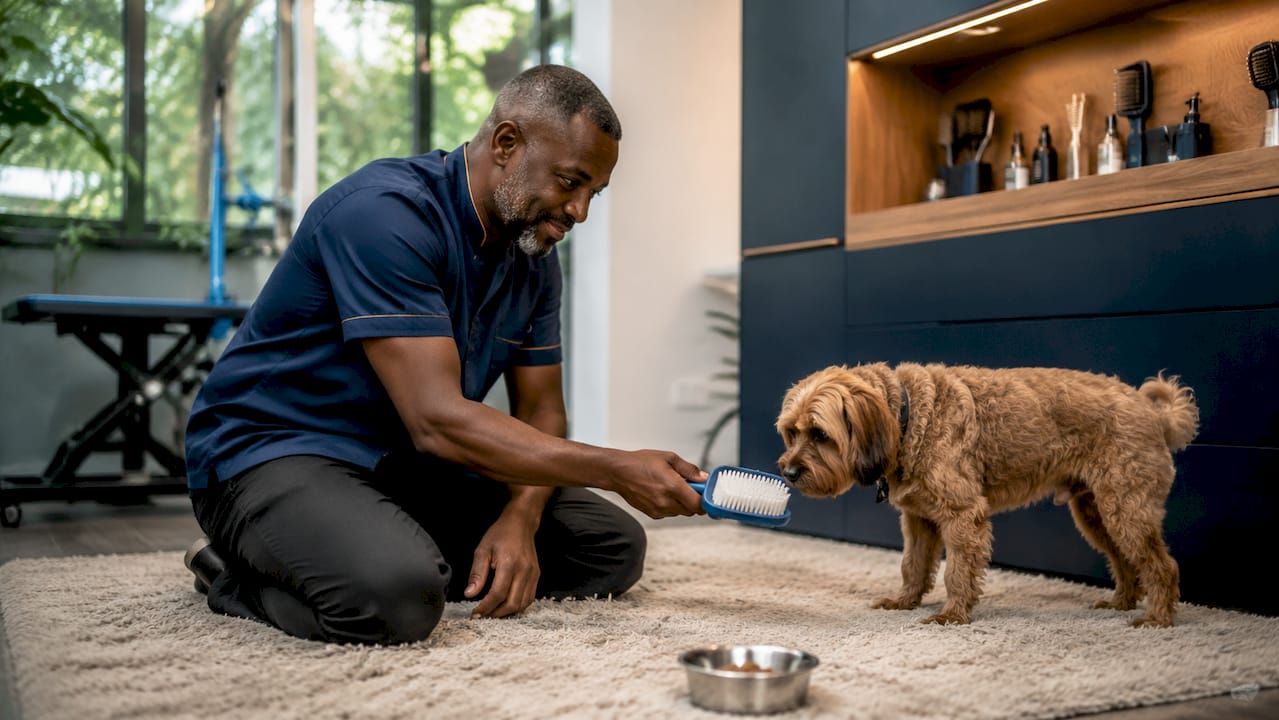 Man gently training dog with grooming brush