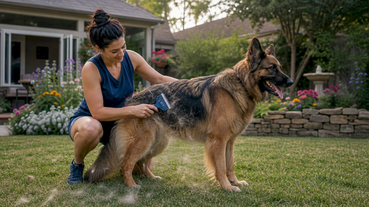 Professional grooming German Shepherd outdoors