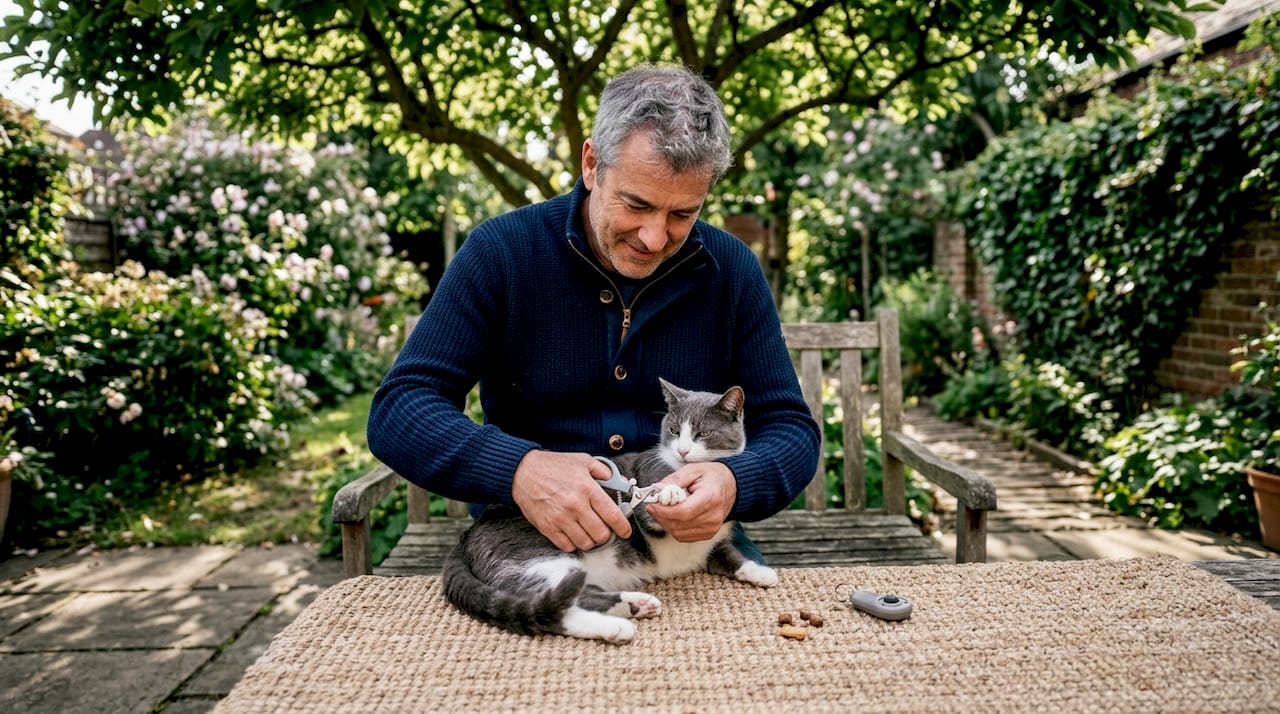 Hands trimming cat's nails during cooperative grooming