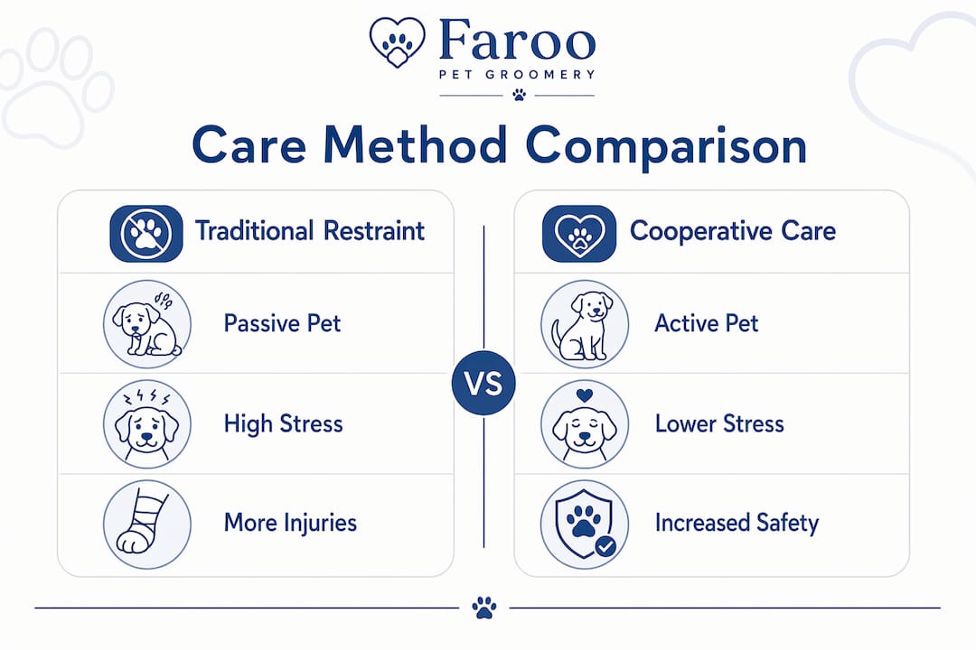 Infographic comparing traditional restraint and cooperative care benefits