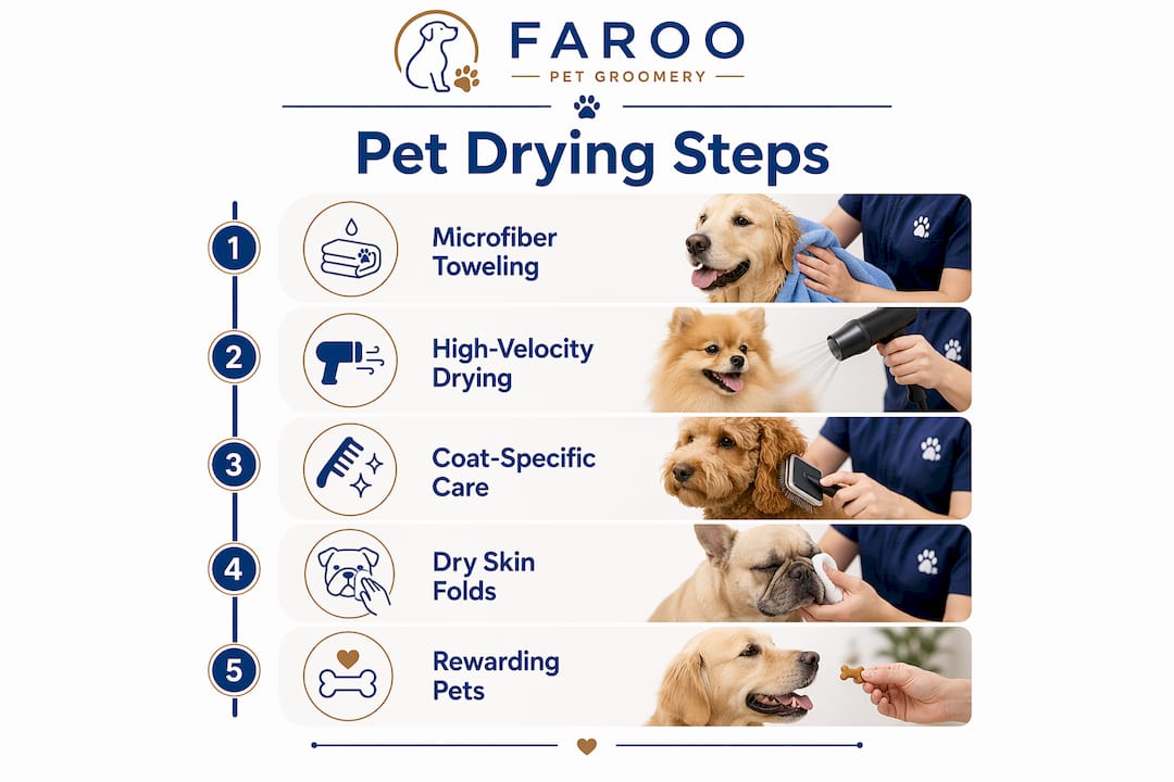 Infographic illustrating pet drying step-by-step process