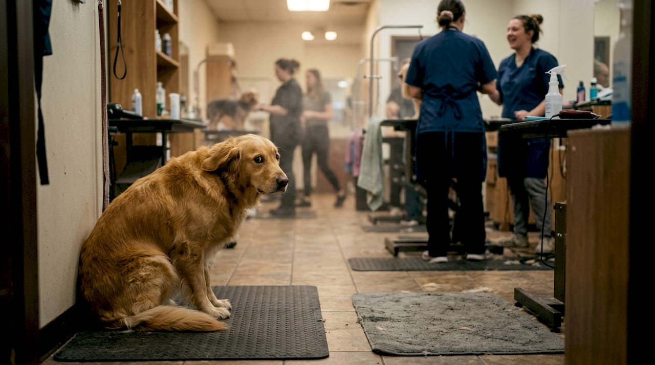 Stressed dog reacting to grooming salon noise