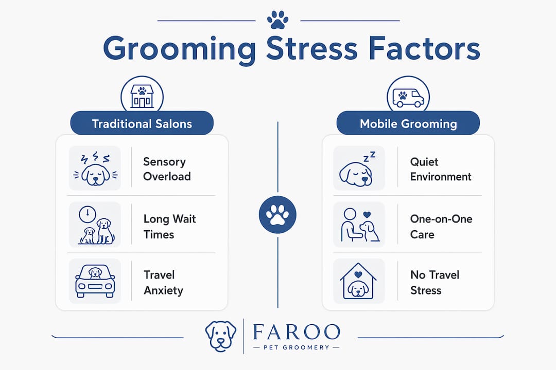 Infographic comparing traditional vs mobile pet grooming stress