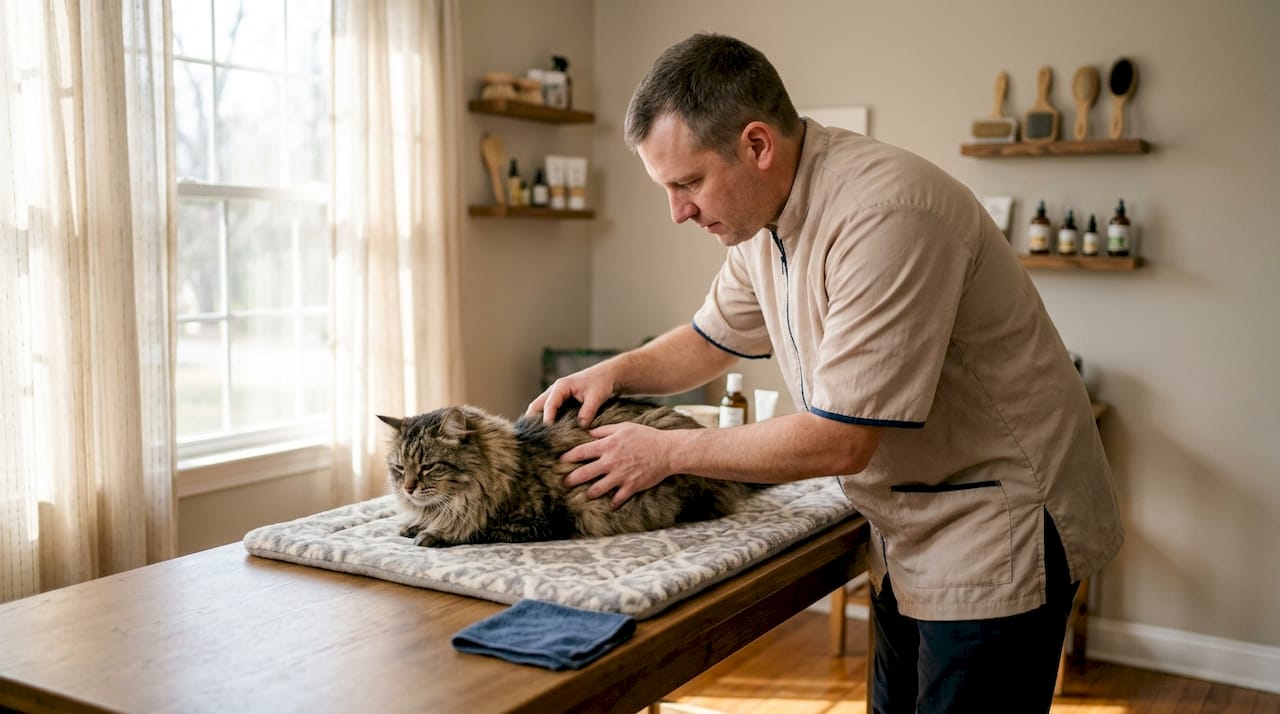 Hands palpating cat's coat during wellness check