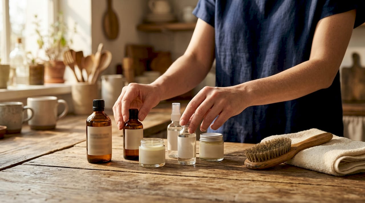 Hands holding pet grooming bottles over sink