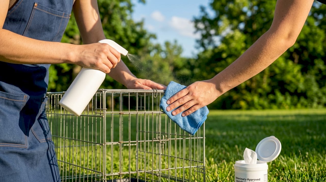 Hands cleaning pet cage with veterinary disinfectant