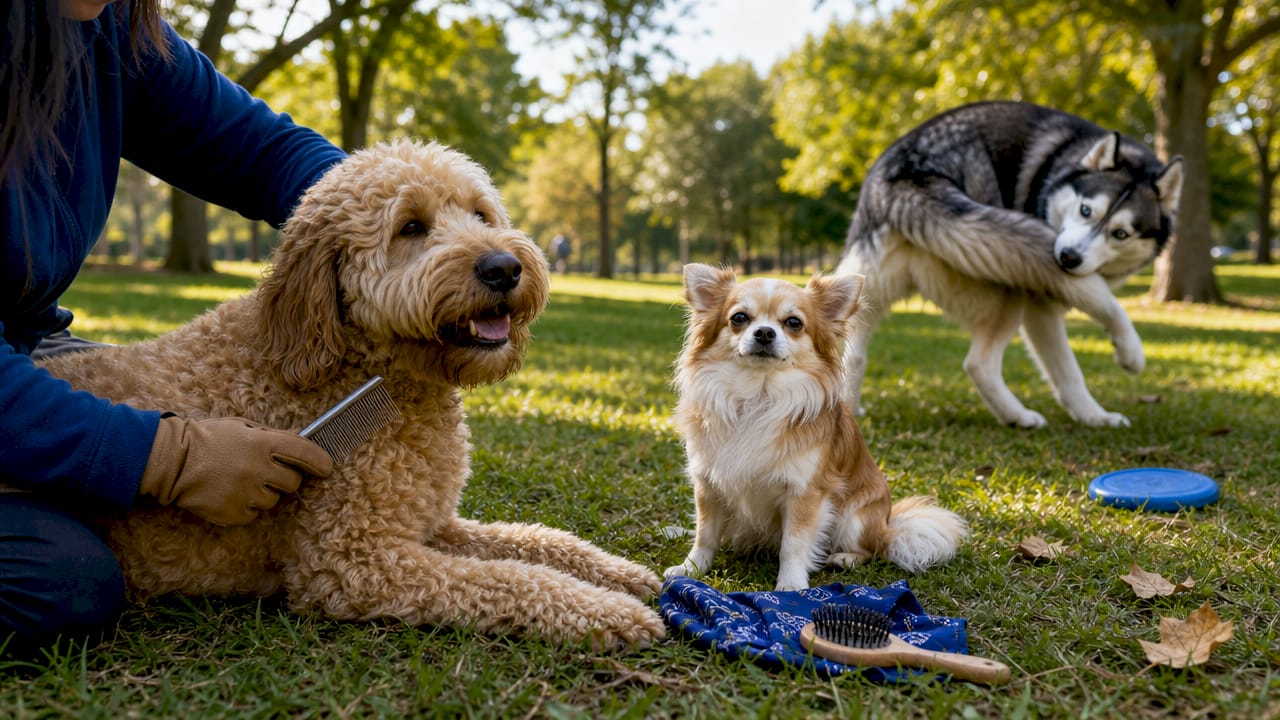 Different breeds being groomed outdoors