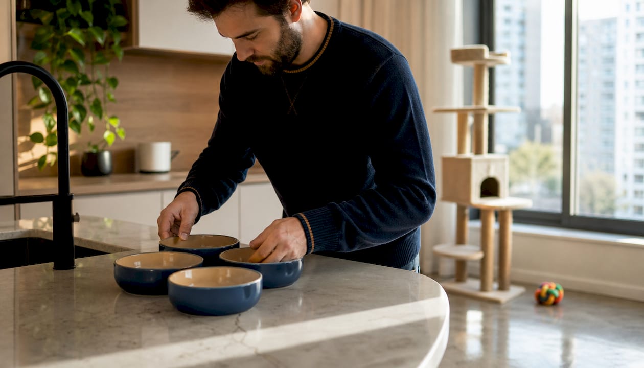 Man organizing pet feeding setup in kitchen