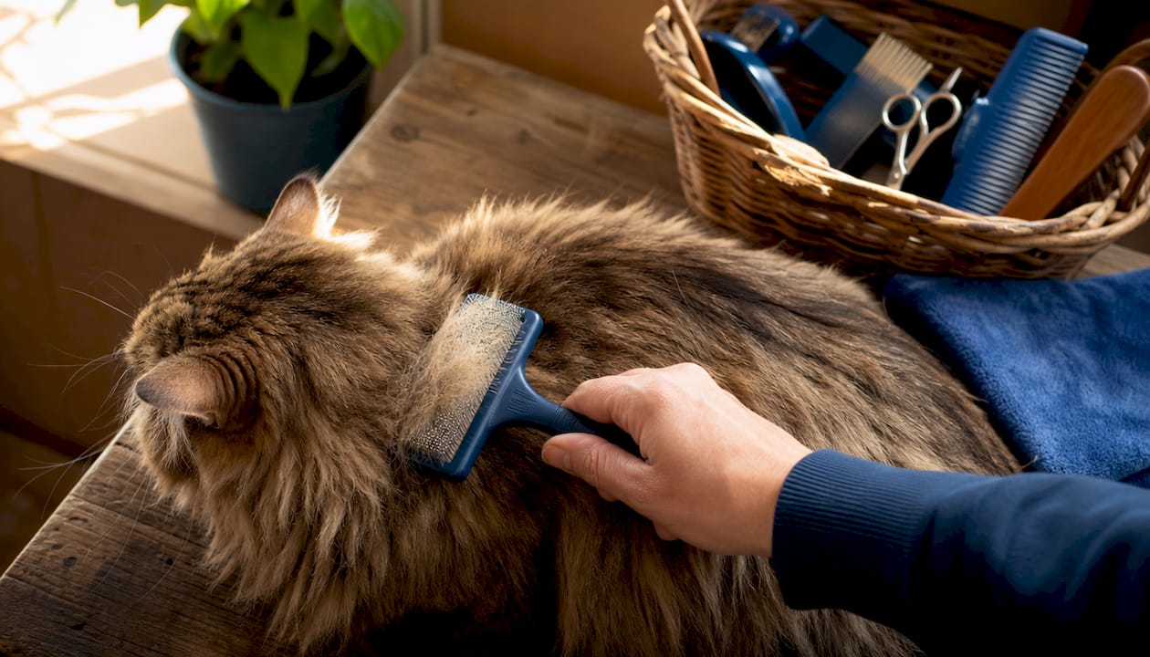 Close-up brushing loose pet hair
