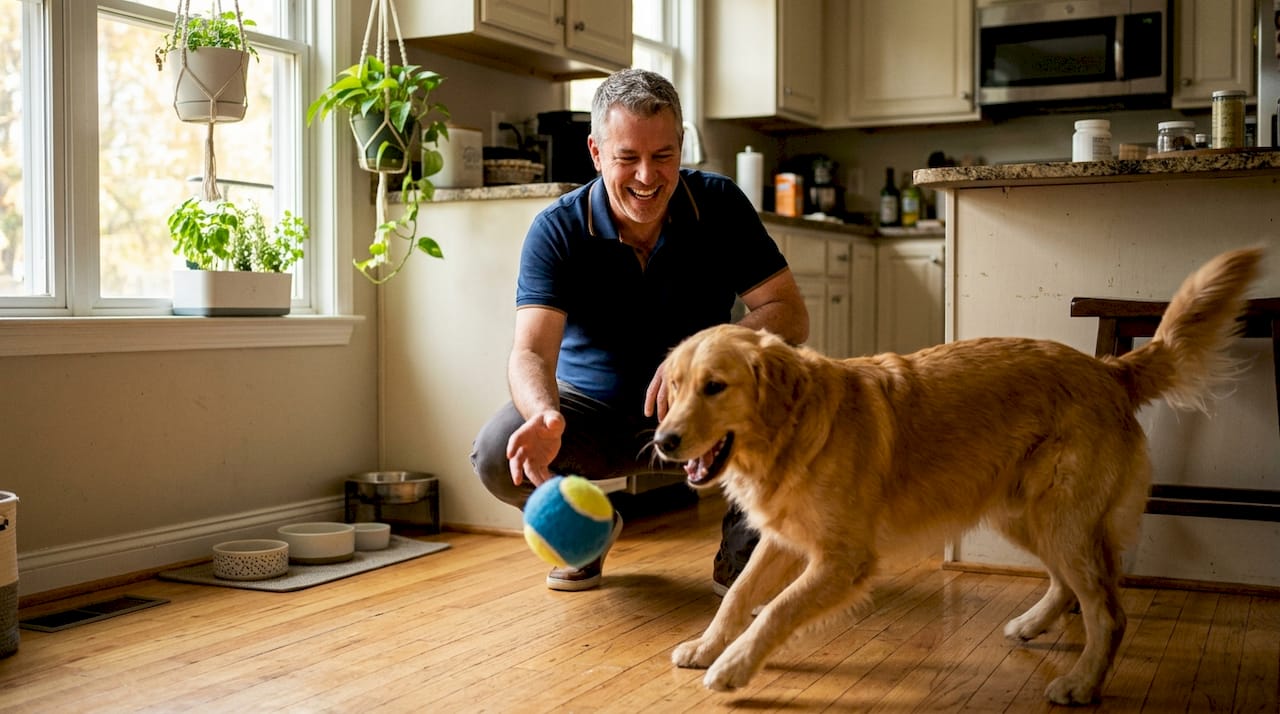 Pet sitter playing fetch with dog indoors