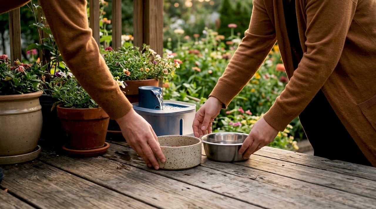 Person arranging feeding and hydration bowls