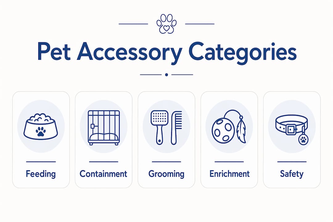 Infographic illustrating five core pet care accessory categories