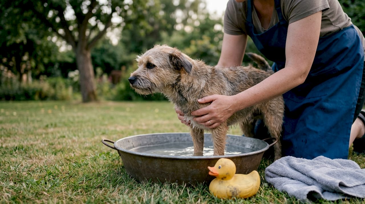 Groomer gently introducing dog to water outdoors