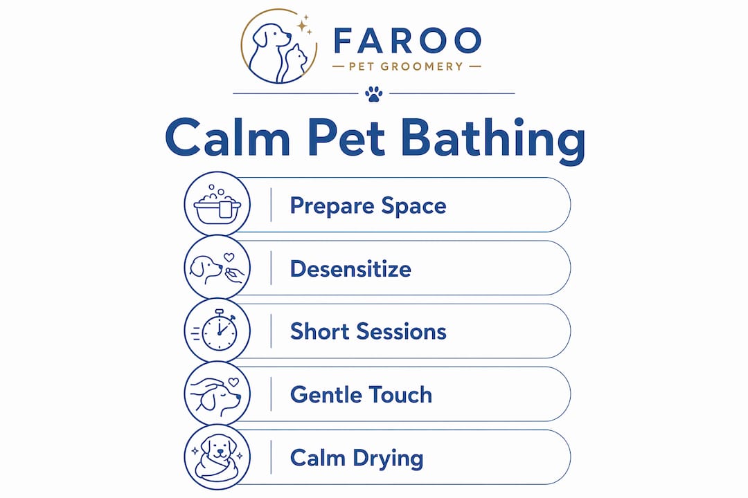 Infographic showing calm pet bathing steps