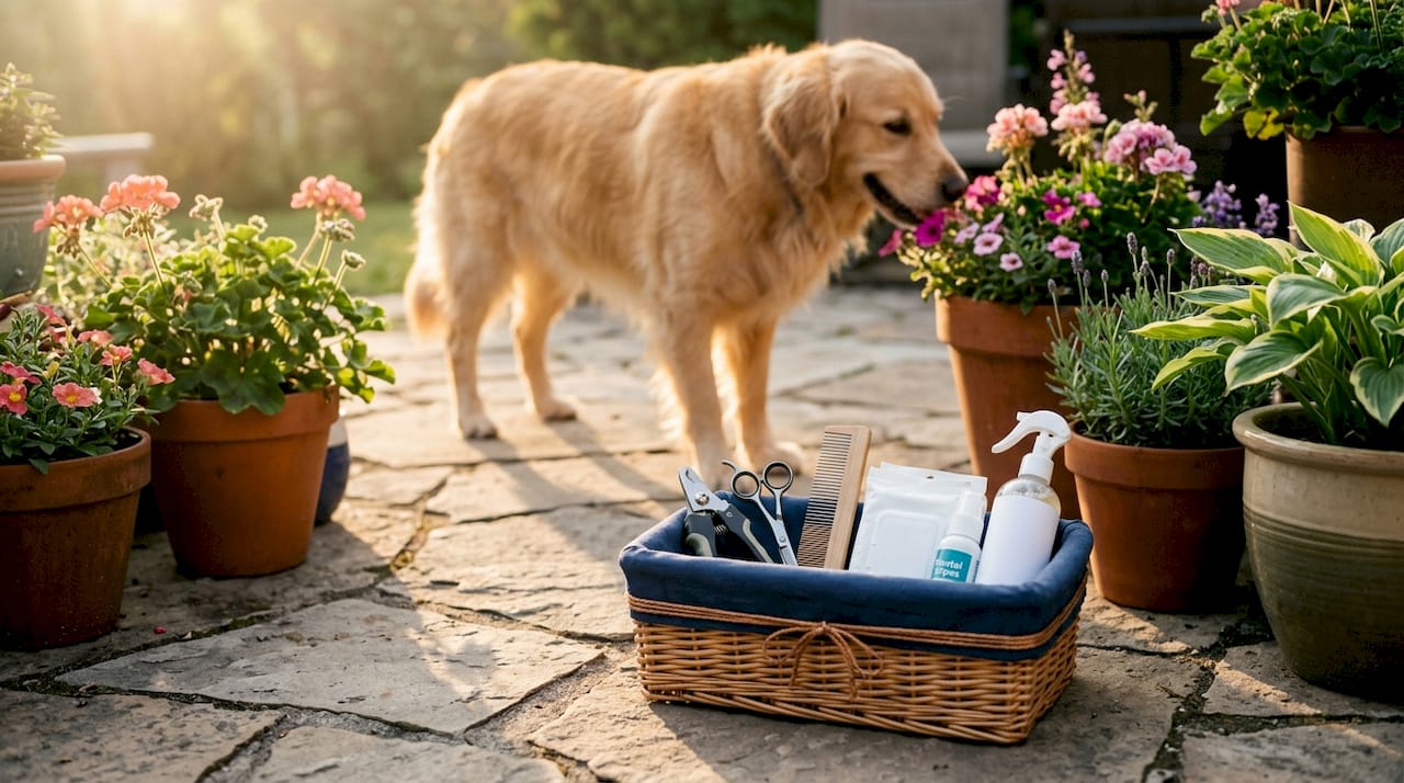 Close-up of pet grooming tools in basket
