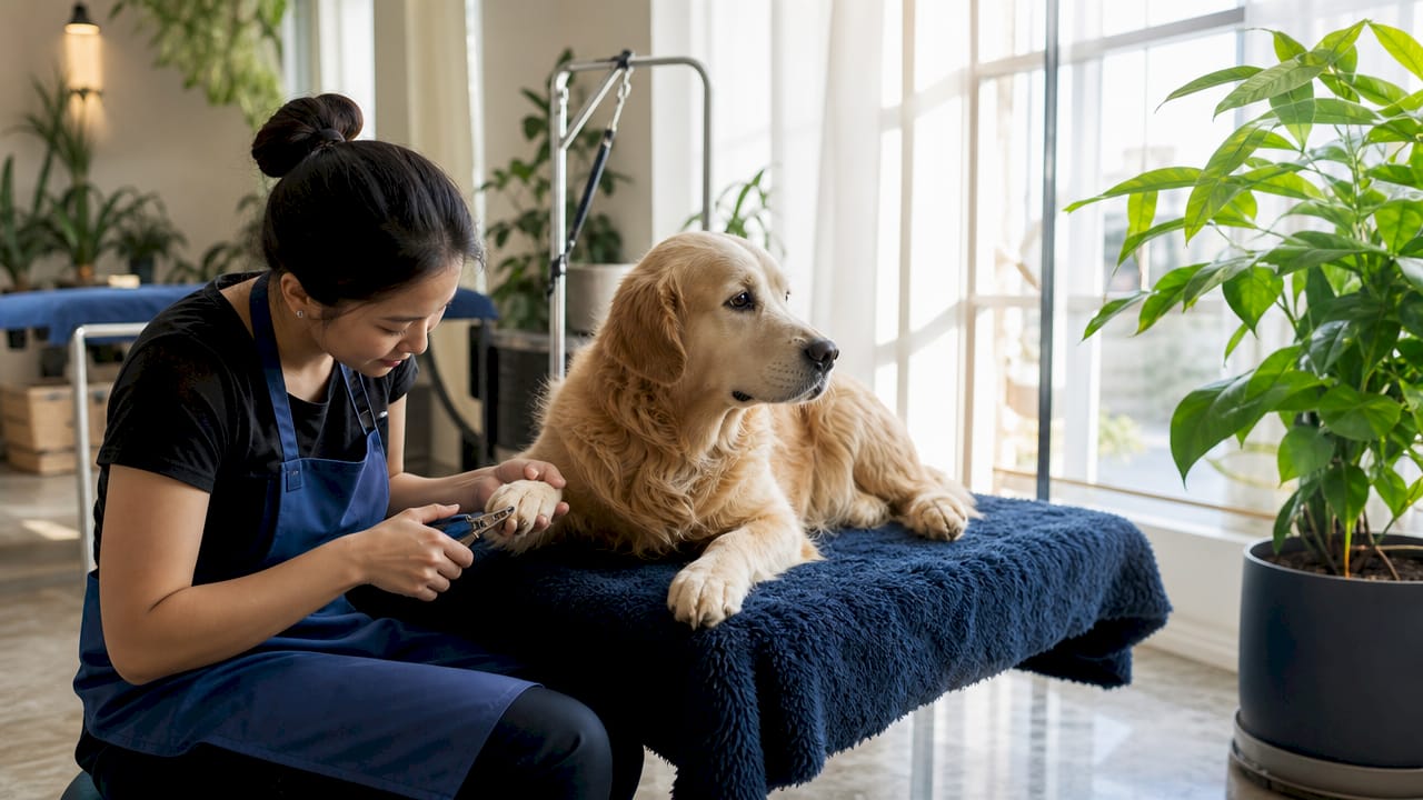 Elderly dog receiving gentle nail trim in open salon