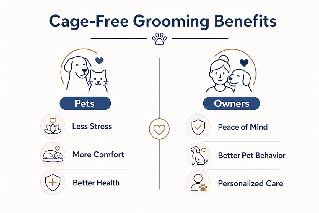 Infographic comparing cage-free grooming benefits for pets and owners