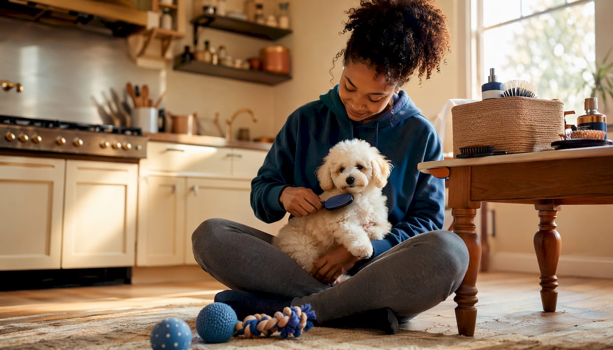 Woman grooming puppy gently at home
