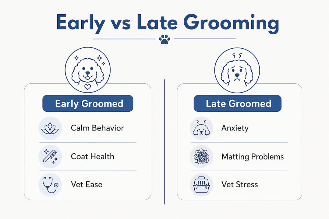 Infographic comparing benefits of early and late pet grooming
