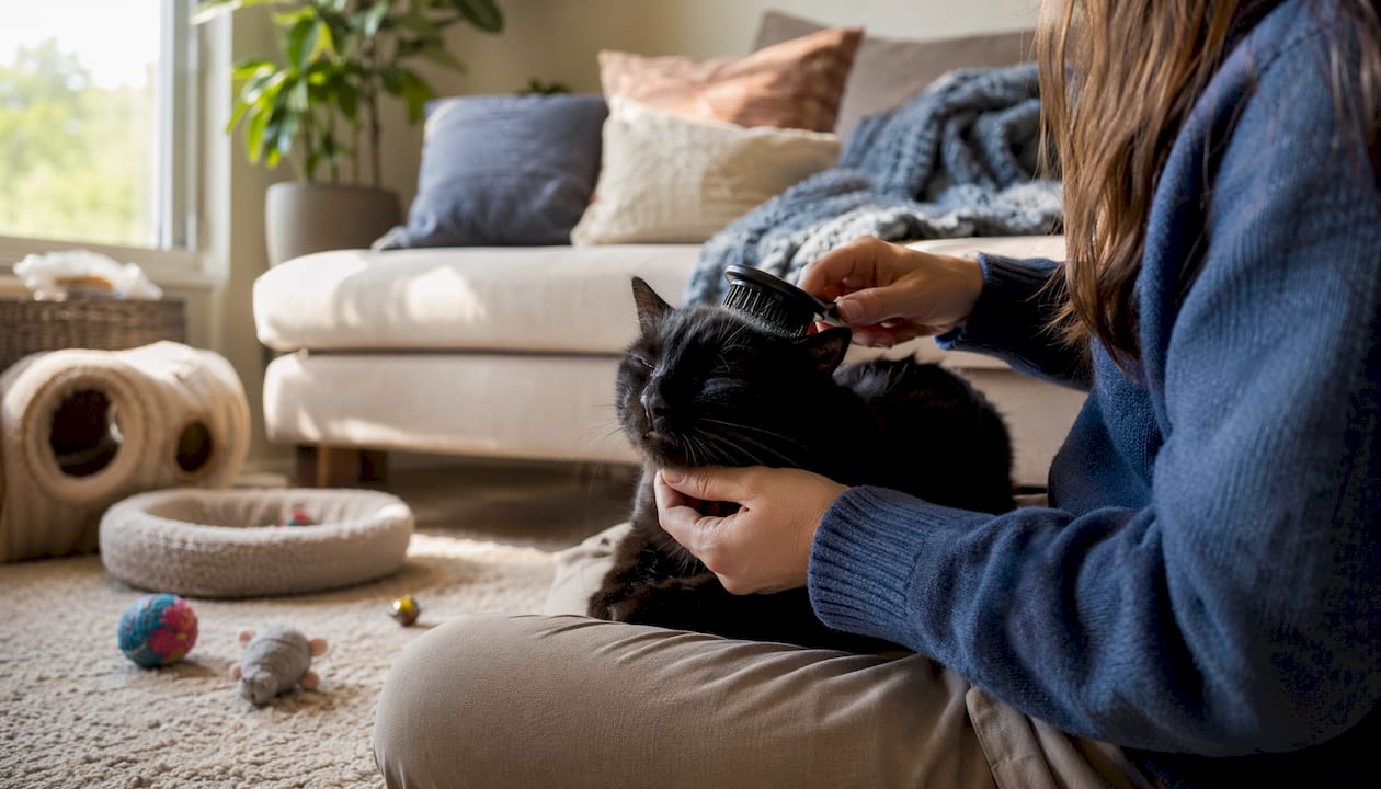 Hands brushing black cat on cozy bed