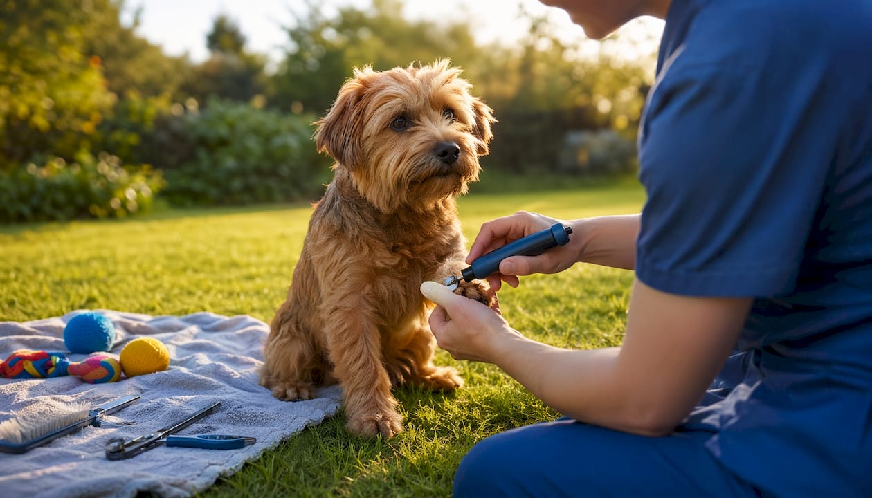 Close-up of rotary grinder on small dog's nail
