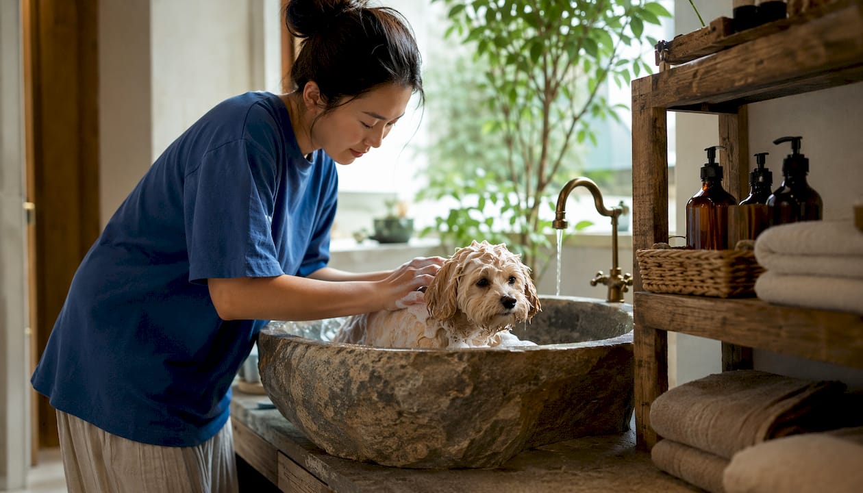 Woman bathing small dog at home