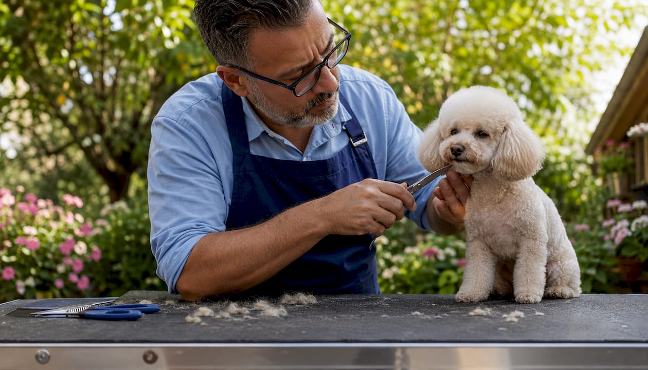 Pet groomer trimming poodle in grooming van