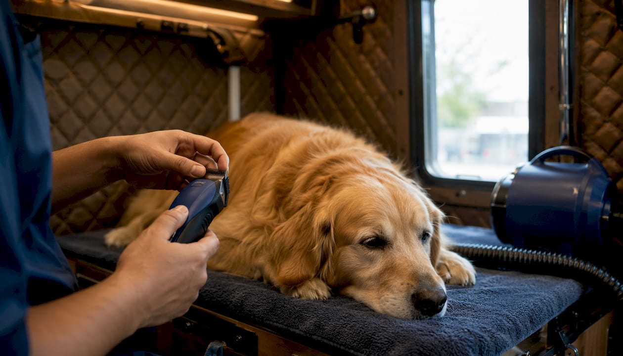 Overhead view of quiet clipper grooming a calm dog