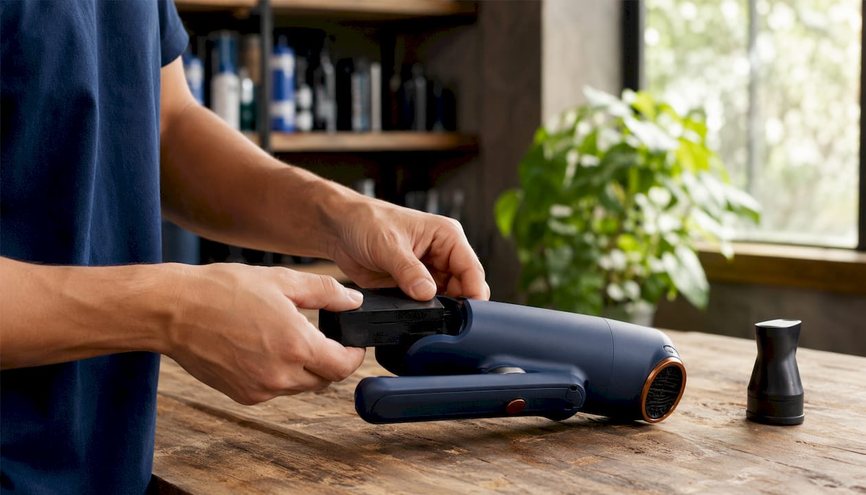 Hands changing battery on cordless grooming dryer