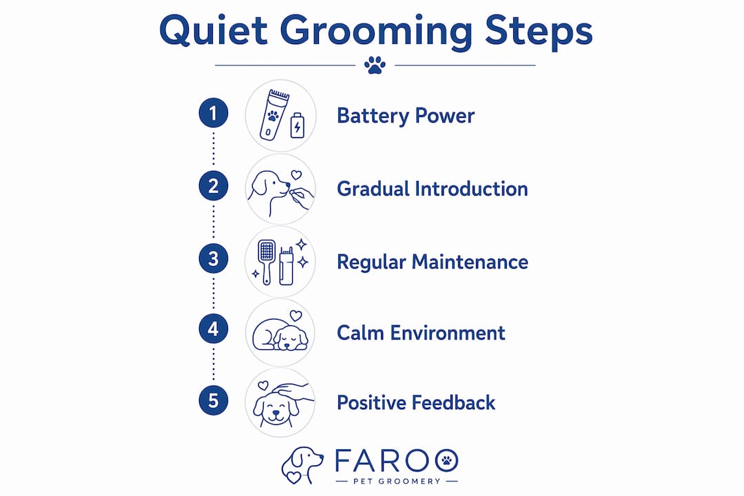 Infographic showing steps for quiet mobile grooming