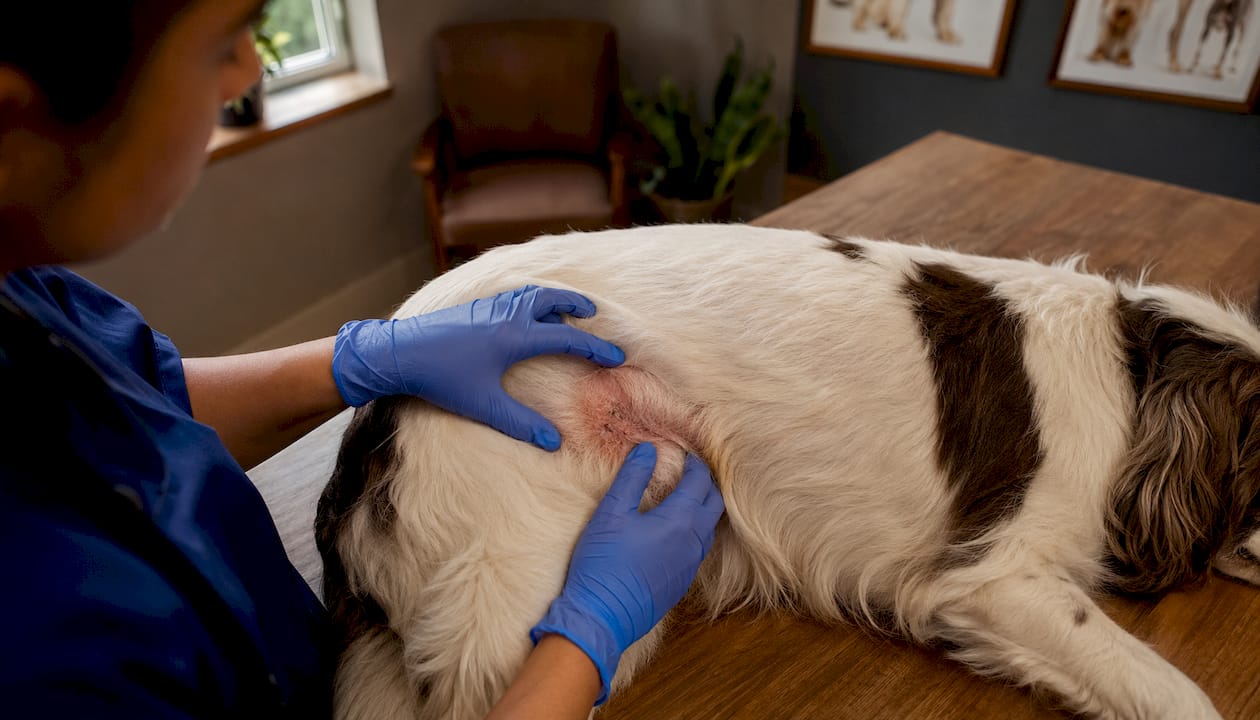 Vet examining dog’s irritated skin patch