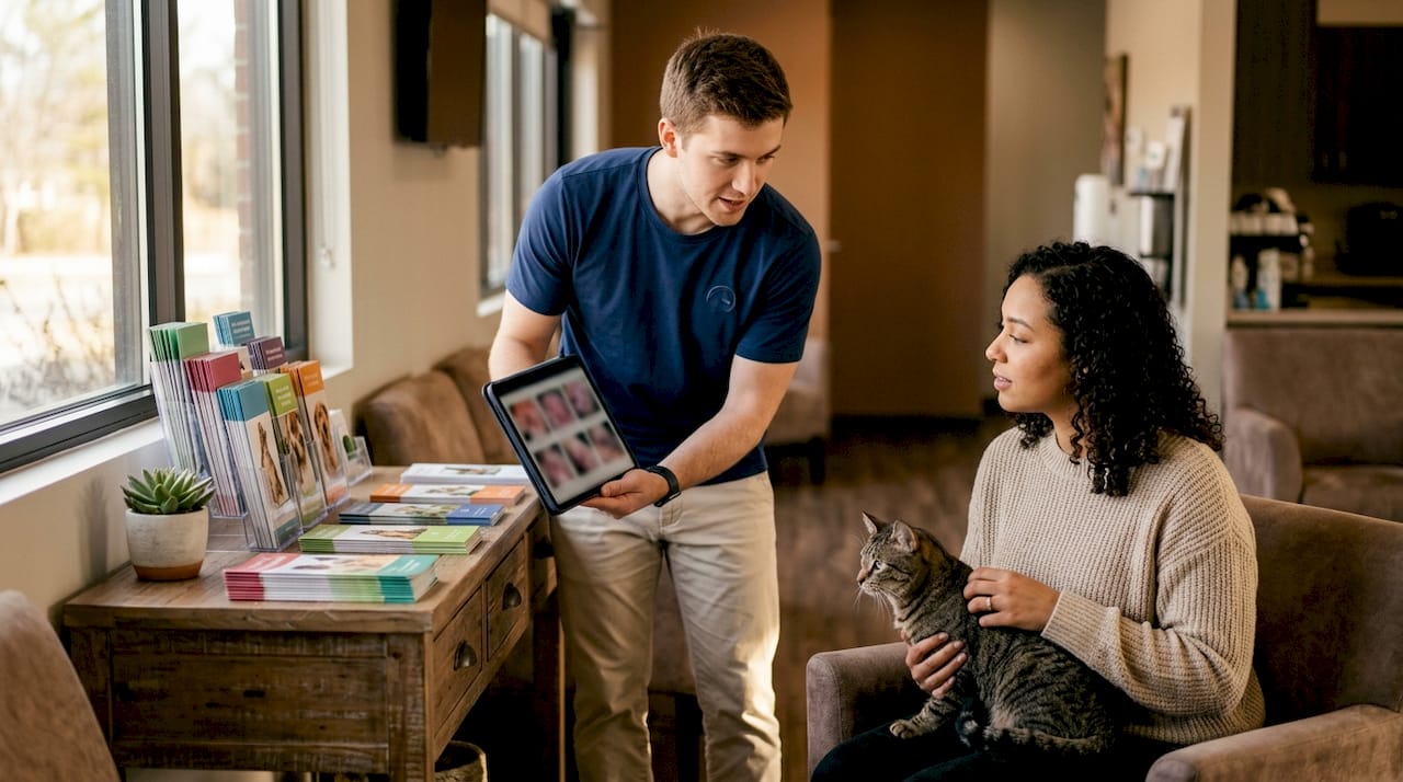 Vet explaining pet skin issues tablet