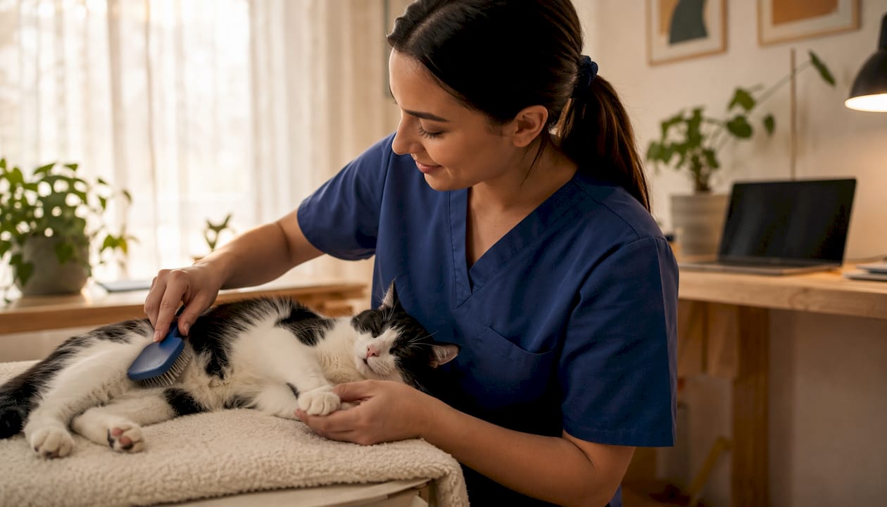 Vet technician gently grooming cat