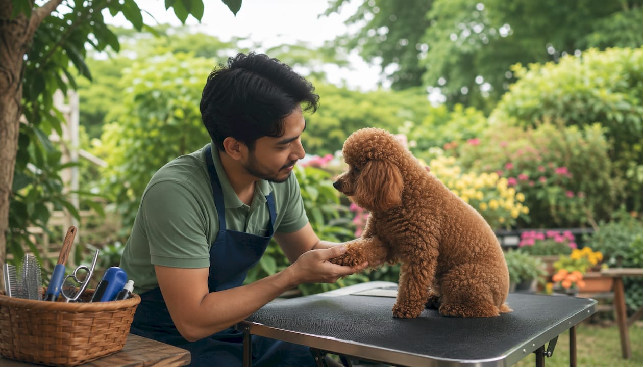 Calm handling of poodle during grooming