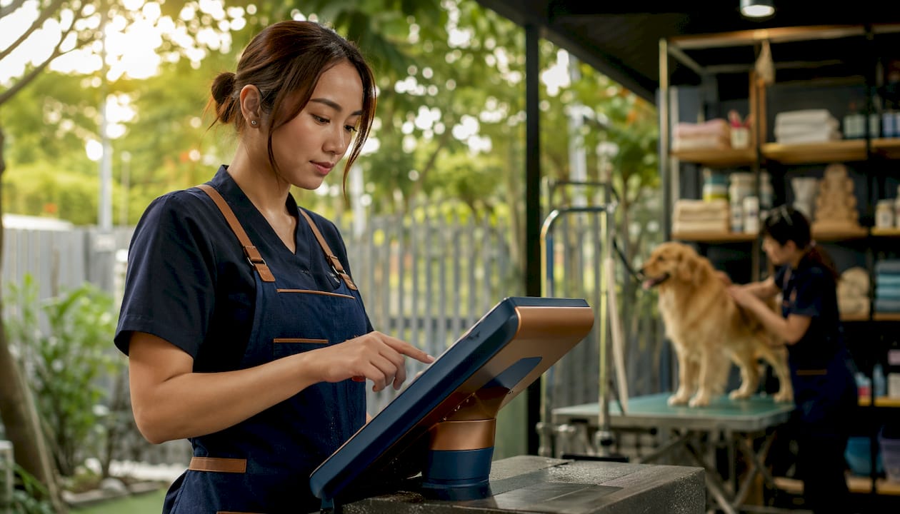 Groomer using digital booking kiosk in salon