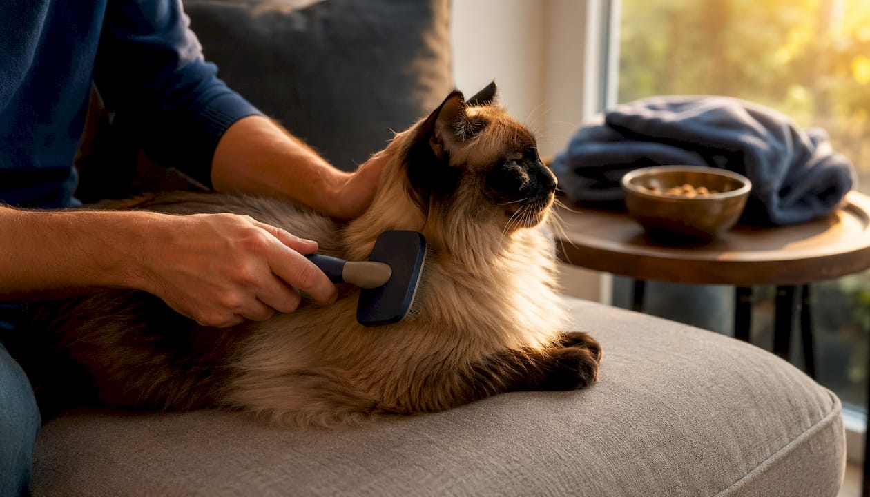 Close-up of brushing cat’s neck and back