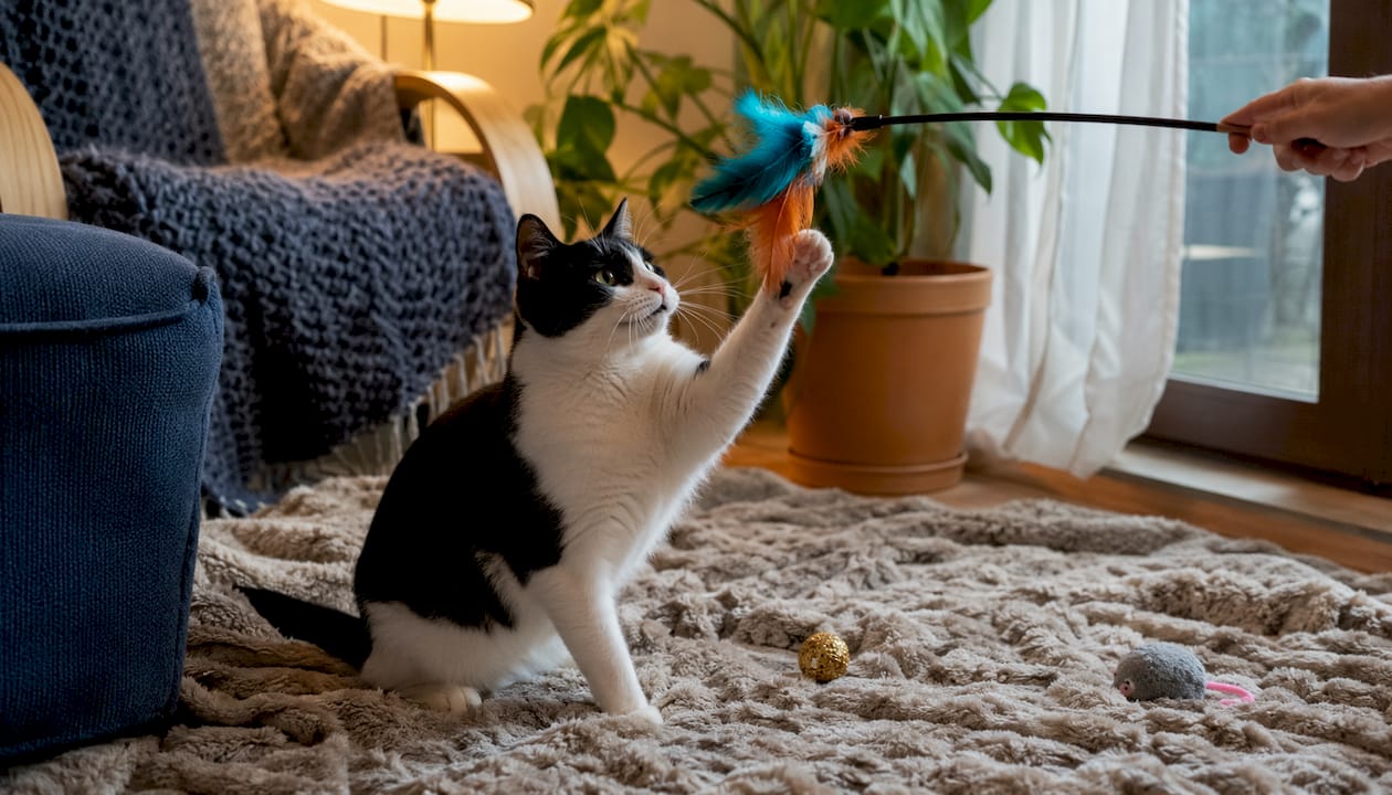 Cat playing with feather wand toy