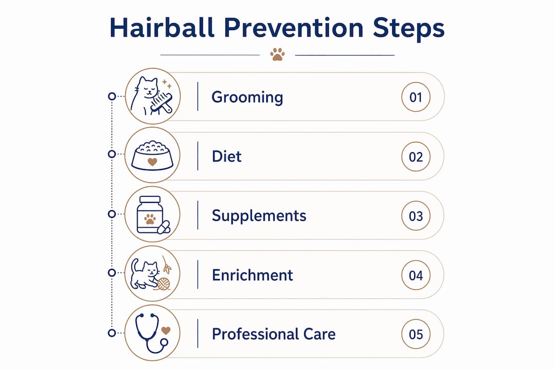 Infographic showing step-by-step hairball prevention plan