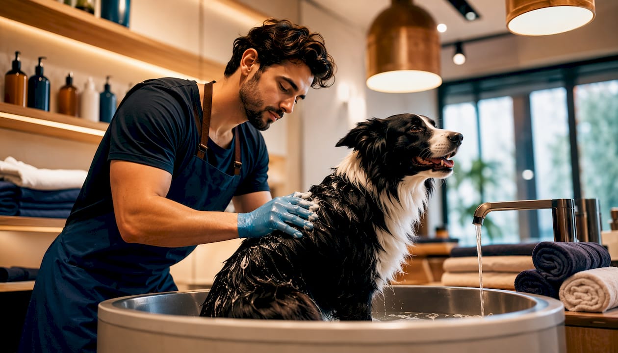 Man applying conditioner to Border Collie in salon