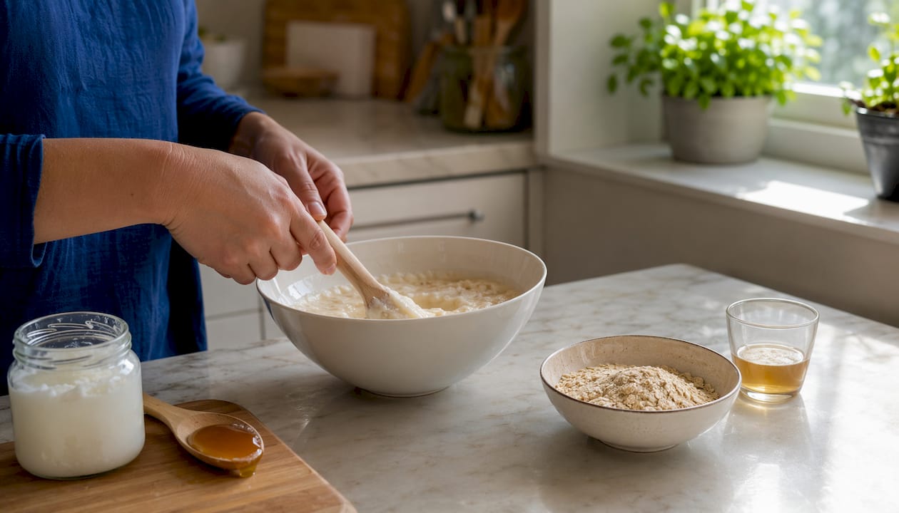 Hands mixing homemade dog conditioner in kitchen