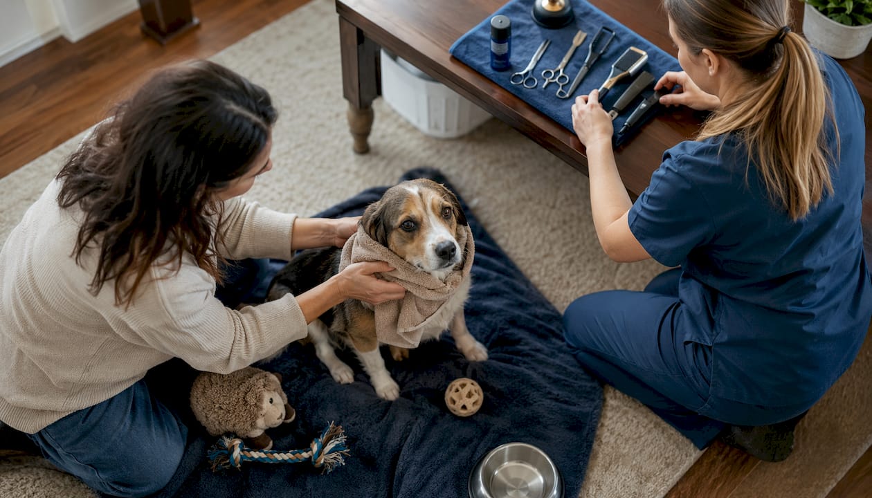 Owner and groomer preparing dog at home