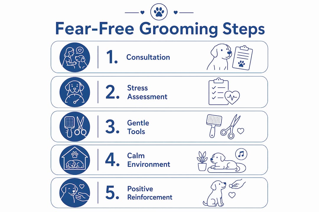 Infographic illustrating fear-free grooming process steps