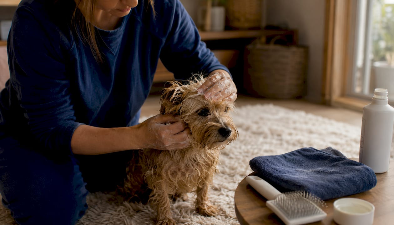 Hands applying conditioner to terrier's damp fur in kitchen