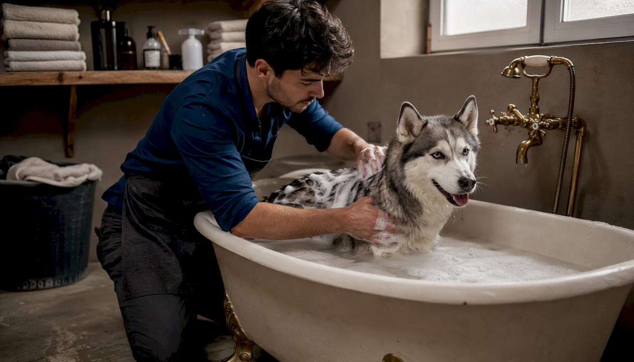 Man bathing a husky in bright bathroom