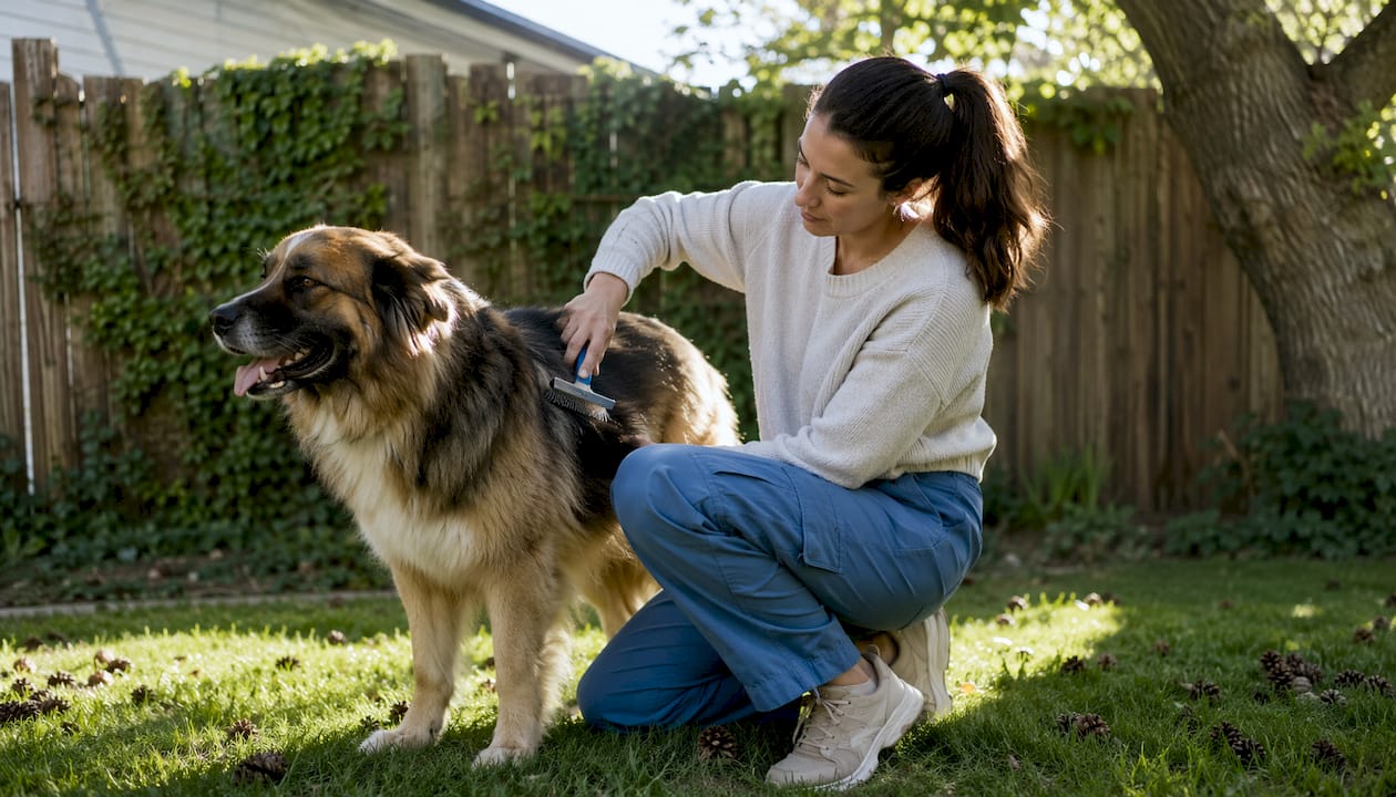 Woman grooming shepherd dog outdoors in fall