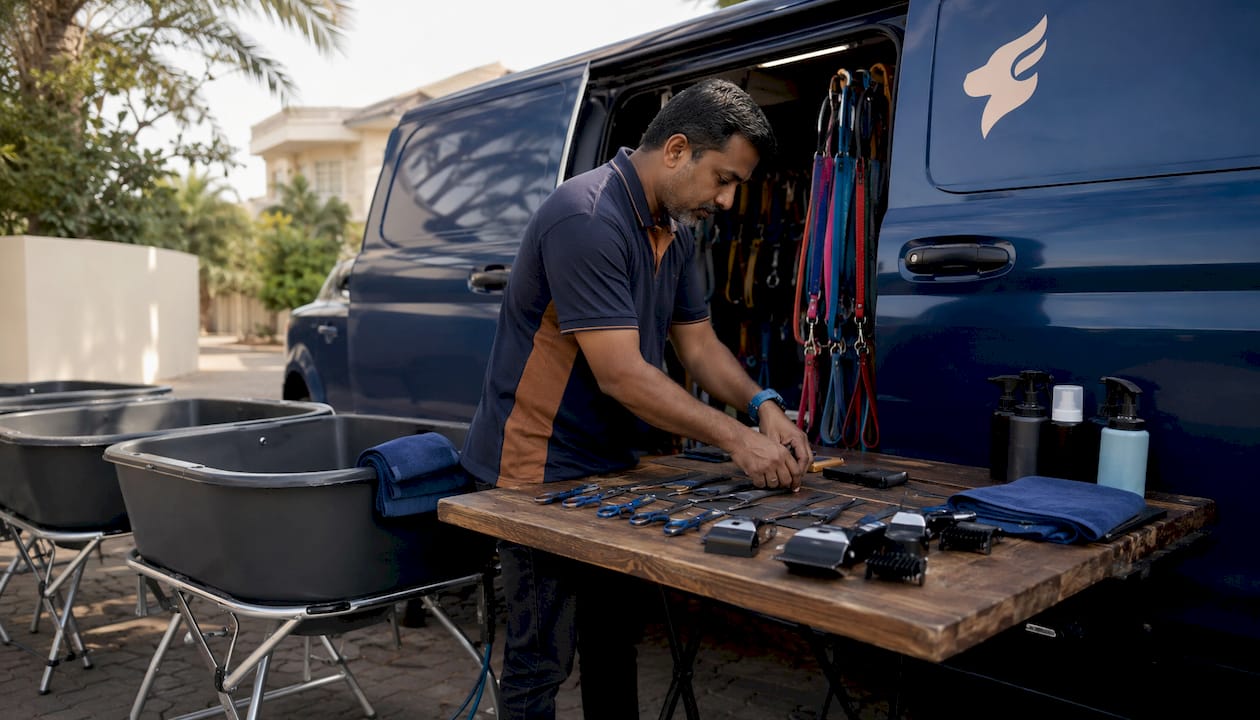 Male groomer setting up mobile grooming van